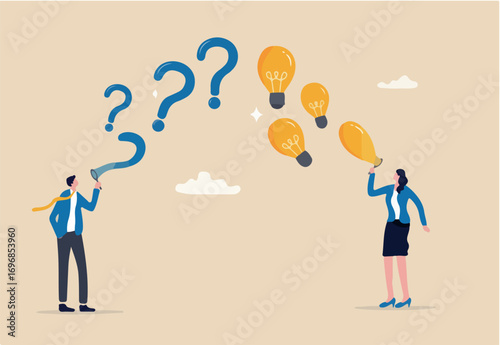 Question and answer, FAQ frequently asked questions, asking and reply to solve problem, help information, solution or q and a session concept, business people with question mark and lightbulb bubble.
