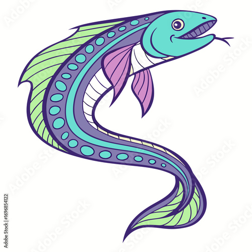 Colorful cartoon fish with purple and green patterns