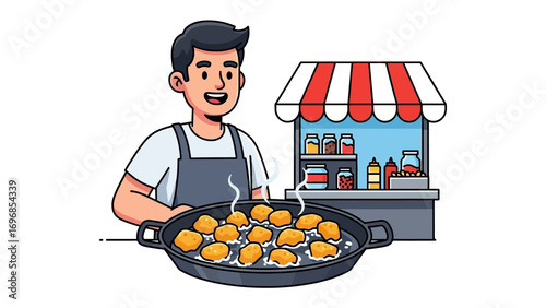 Street Food Vendor's Delights: A charming illustration of a street food vendor, smiling and proud, preparing a delectable array of golden fried snacks.