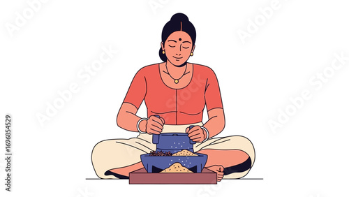 Woman Grinding Spices: A serene woman is gracefully grinding spices in traditional attire. A portrayal of cultural heritage and culinary practice. The image presents a tranquil moment.