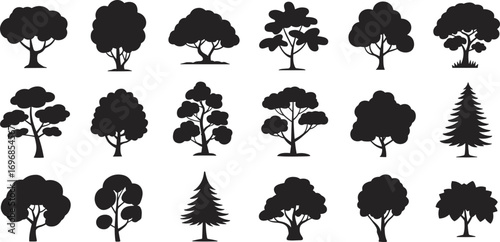 Silhouette vector set of various tree shapes, black tree icons collection, nature clipart, forest elements, isolated on white background.