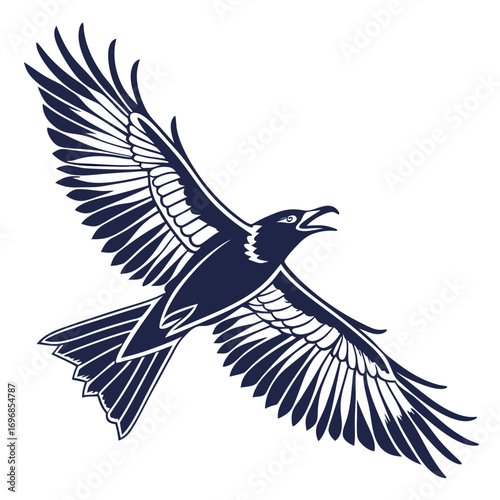 Silhouette of a crow in flight with wings spread and beak open bird flying