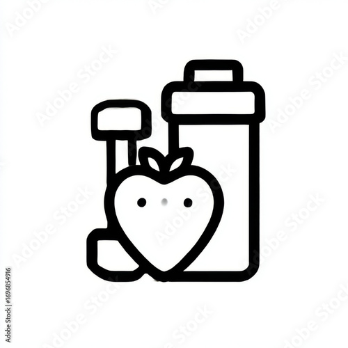 Heart-shaped apple with dumbbell and bottle icon, black and white, fitness, healthy love, or self-care concept with copy space