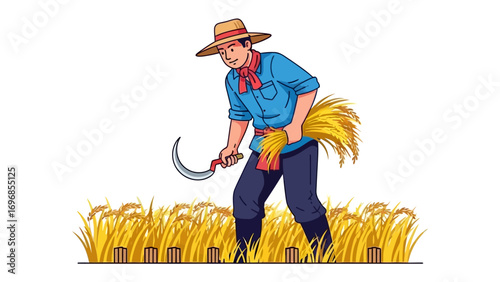 Farmer in the golden field: The farmer harvests golden wheat, working with focus and dedication, embodies the spirit of hard work in a sunlit field.