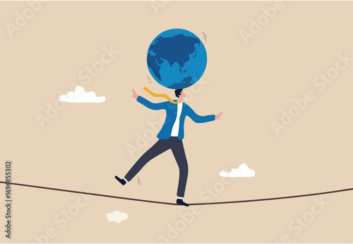 Geopolitical risk, world leader conflict, war and invasion danger causing economic and investment risk, nuclear war tension concept, businessman leader acrobat try to balance world globe on his head. 