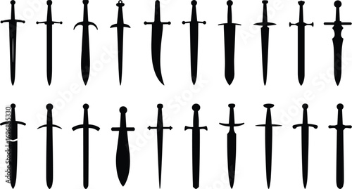 Sword silhouettes vector set, medieval weapon icons, black dagger shapes, fantasy blade illustrations, isolated combat swords clipart.