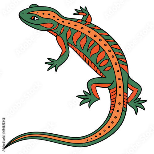 Stylized illustration of a green and orange patterned lizard on a