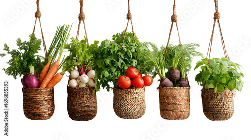 Hanging woven baskets filled with assorted fresh vegetables on white background. 