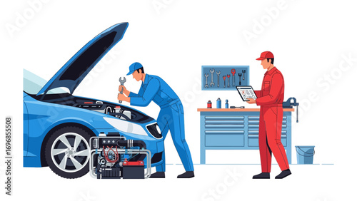 Car Repair Service: Two mechanics, one diligently repairs a car with precision, while the other, equipped with a tablet, oversees the process, ensuring excellence in service.