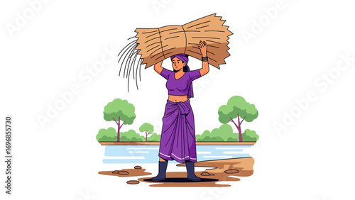 A Woman's Load: A determined woman confidently balances a bundle of hay atop her head, set against a backdrop of serene nature.