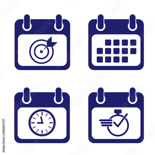 Set vector square icons page calendar - mark agenda app, time, watch, deadline, date page icon and mark done, yes, success, check, approved, confirm. Reminder, schedule line simple sign. EPS 10.