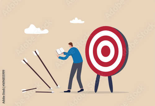 Learn from failure or mistake, admit and embrace the failure and practice to achieve success next time concept, businessman holding book look at missed target arrow learning or studying mistakes.
