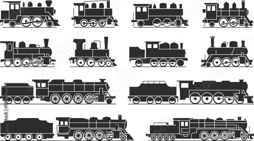 Vintage steam train silhouettes vector set, retro locomotive icons, old-fashioned engine clipart, black railway transport illustrations, isolated train graphics.