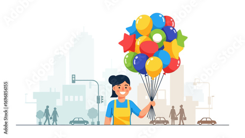 Joyful Seller with Colorful Balloons: A vibrant image of a cheerful seller, clutching a delightful bouquet of helium-filled balloons.