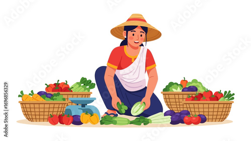 Woman in Farmer's Market: A vibrant scene of a woman at a local farmer's market, surrounded by fresh produce in woven baskets, preparing a cucumber with skillful hands.