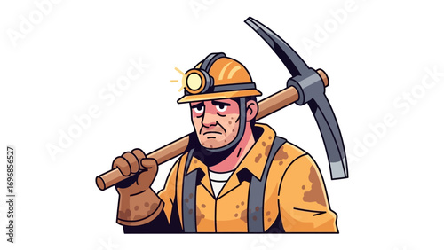 Resilient Miner: A focused miner, equipped with a headlamp and holding a pickaxe, embodies the grit of the industry, conveying dedication, resilience, and the challenges of the profession.