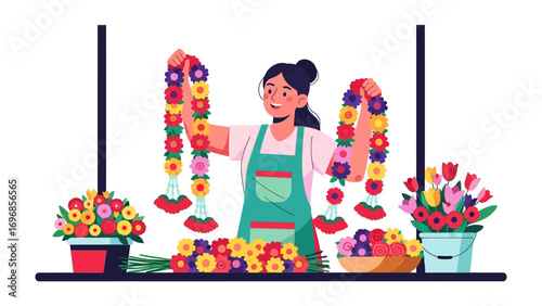 Florist with Floral Garlands: A skilled florist carefully arranges vibrant floral garlands within a bustling flower shop. Every flower is a testament to beauty and the art of floral design.