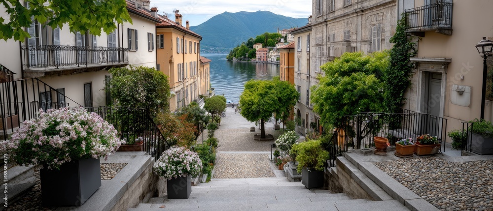 Fototapeta premium Flower-adorned cobblestone stairs lead to serene waters, colorful buildings, and lush greenery, creating a romantic ambiance