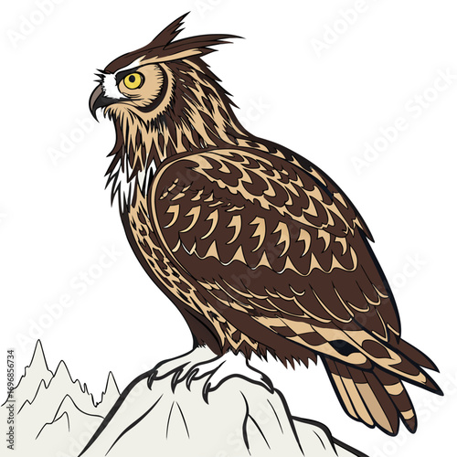 Detailed illustration of a brown owl sitting on a rock in a mountainous landscape
