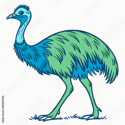Cartoon emu with blue and green plumage