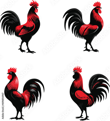 Cartoon red rooster silhouette on white background