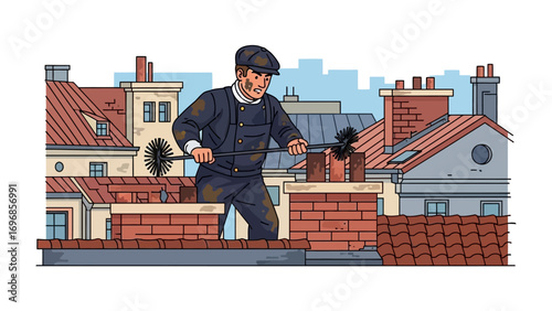 Rooftop Chimney Sweep: A chimney sweep diligently works on rooftops against a backdrop of urban rooftops. Capturing a timeless profession with meticulous detail.