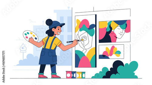 Artistic Vision: An animated woman, filled with creative energy, meticulously paints a vibrant artwork.