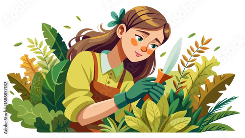 Close-up portrait of female gardener trimming leaves delicately. White background emphasizes patience, greenery, and outdoor artistry.