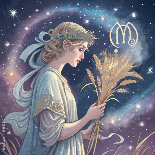 Vector Illustration of Zodiac Sign Virgo in Cosmic Background with Astrology Maiden Symbol Design