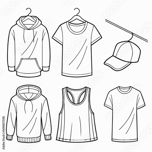 Collection of black and white line art drawings of casual clothing items and accessories
