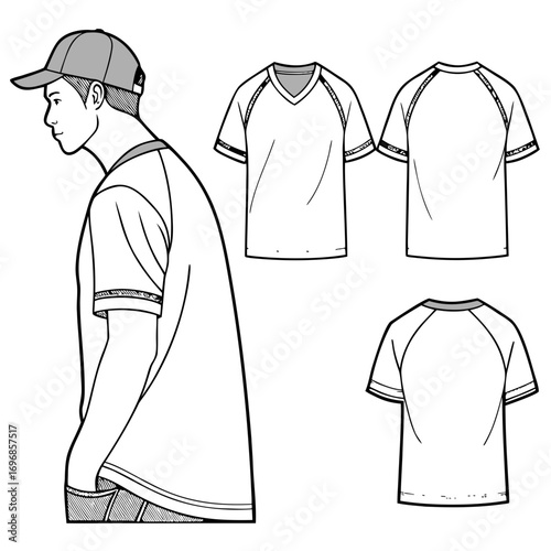 Fashion illustration of a young man wearing a baseball cap and a raglan sleeve t shirt with front and back views