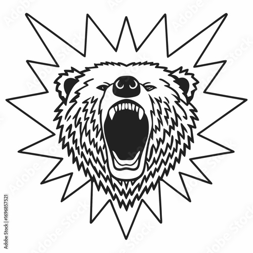 Minimilist illustration of a roaring bear head with sharp teeth and a spiky outline in black and white style vector