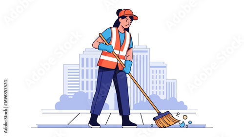 City Cleaner: A dedicated city worker, dressed in safety attire, diligently sweeps the city street. A modern illustration reflecting the spirit of public service.