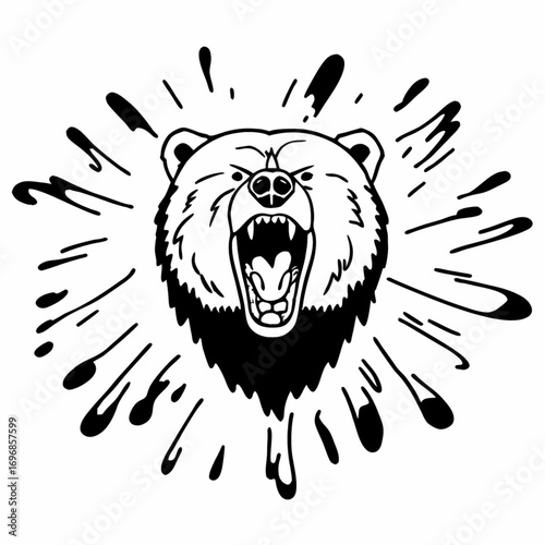 Minimilist roaring bear head with splash effect in black and white line art style illustration graphic design vector