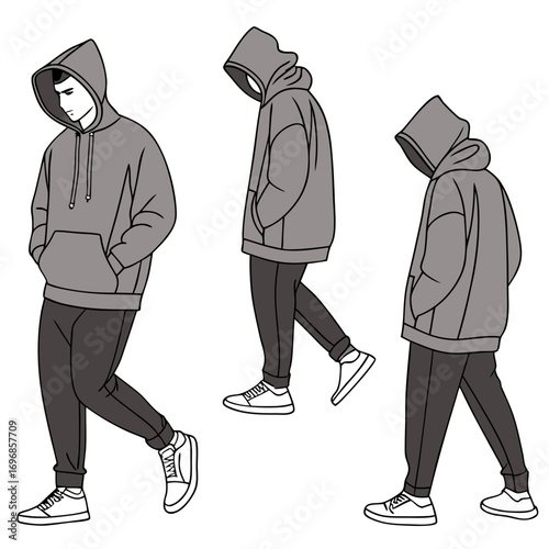 Three stylized illustrations of a young man wearing a grey hoodie and dark pants in different poses