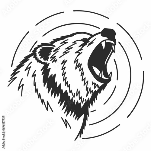Minimilist illustration of a roaring bear head with sharp teeth surrounded by concentric curved lines in black and white vector