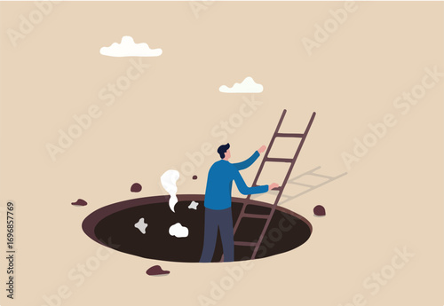 Effort and brave to solve business problem, get out of crisis or escape from trouble situation, reaching goal or solution concept, businessman survivor climb up ladder out of the hole or deep crater
