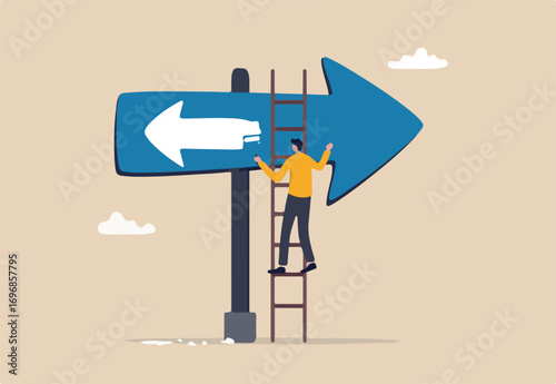 Change to opposite direction, hesitate business decision to change to better opportunity, conflict or reverse direction, career path concept, businessman paint opposite direction arrow on arrow sign. 