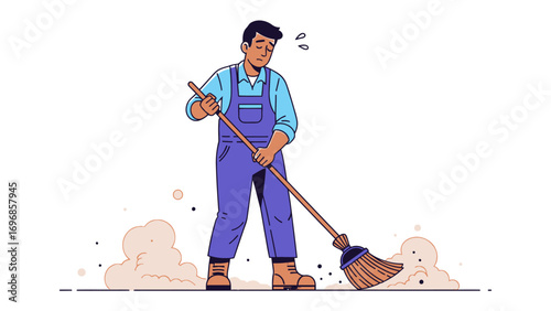 Tired Cleaner at Work: A vector graphic depicting a diligent cleaner hard at work sweeping dust, showcasing the effort and dedication required to maintain cleanliness.