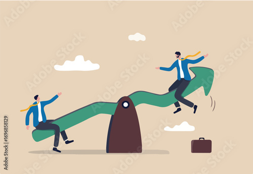 Investment stock market volatility, financial asset value going up and down or profit growth rising up concept, businessman sit on balance seesaw green arrow graph lift up other guy soaring.