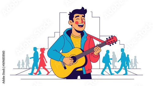 Melody amidst the Crowd: A joyous street musician strums his guitar amidst the vibrant hustle of urban life, his music weaving through the sea of silhouettes. capturing the harmony and joy