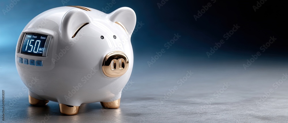 This stylish white piggy bank has a digital display and glow, all set against a striking blue background for a modern look This stylish white piggy bank has a digital display and glow, all set against a striking blue background for a modern look