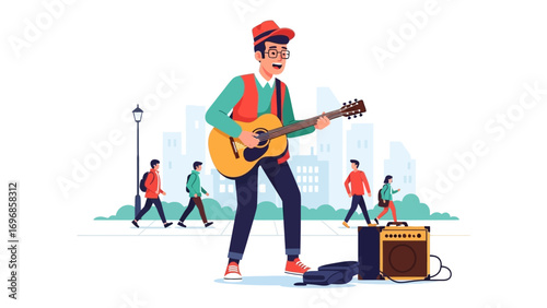 Harmonious melody in the city: A talented guitarist serenades the city streets, his music weaving through the bustling urban environment. Capturing the rhythm of urban life.