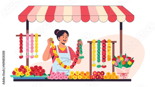 The Flower Stall: A vibrant illustration captures a cheerful vendor meticulously arranging fresh, colorful flower garlands at her stall, overflowing with blooms.