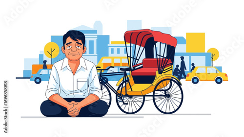 Resting Cycle Rickshaw Rider: In an illustrative composition, a thoughtful cycle rickshaw rider sits patiently beside his vibrant yellow rickshaw.