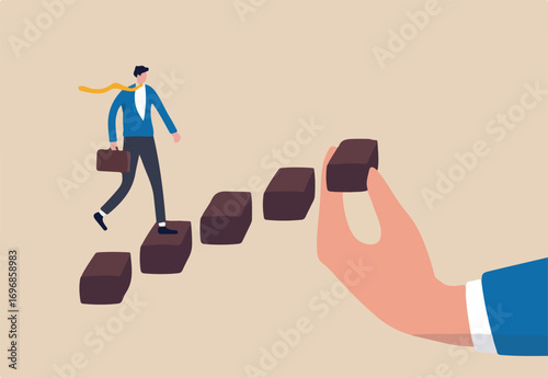 Helping hand to support on career development, staircase or ladder of success concept, confidence businessman in suit walking with ambition on wooden stair with human hand help make rising stairway