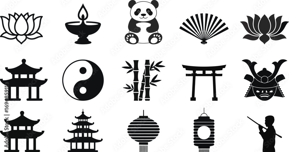 Naklejka premium Collection of Asian cultural icons in black silhouette