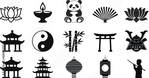 Collection of Asian cultural icons in black silhouette