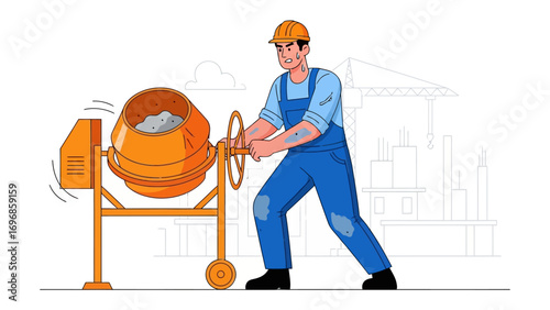 Construction Worker at Work: A determined construction worker, dressed in protective gear, expertly operates a concrete mixer at a construction site.