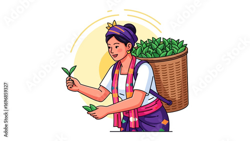 Tea Harvester's Grace: An illustration depicts a tea harvester meticulously selecting fresh leaves, showcasing dedication to her craft, against a backdrop of cultural symbolism.